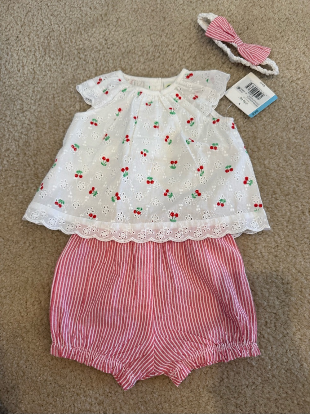 Little Me White Eyelet Cherry Top with Pink Stripe Shorts & Bow Headband